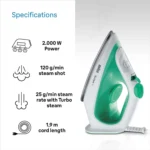 ⁦مكواة بخار براون TexStyle 1 SI، بقوة 2000 وات، 220 مل، اخضر وابيض - SI 1040 GR⁩ - الصورة ⁦7⁩